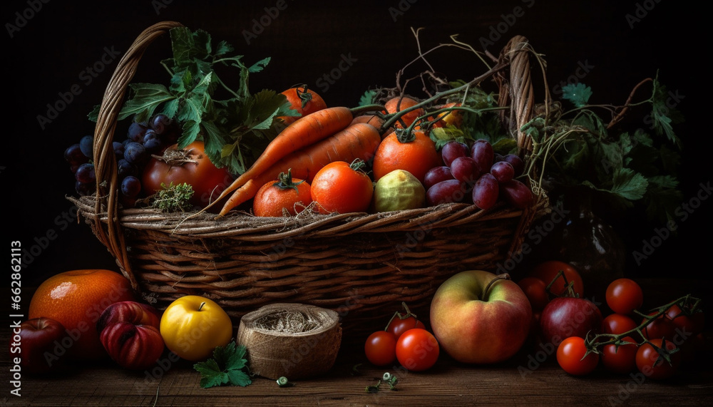 Fresh organic vegetables in rustic wicker basket on wooden table Fresh organic vegetables in rustic wicker basket on wooden table