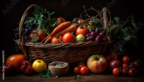 Fresh organic vegetables in rustic wicker basket on wooden table