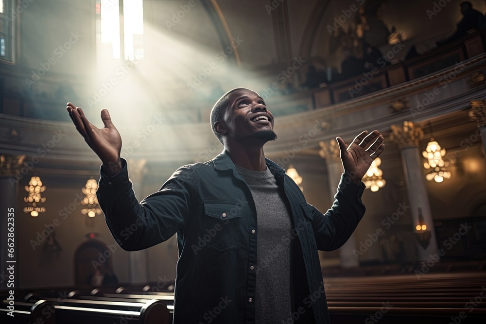 Christian man standing in church and raising his hands in worship. - obrazy, fototapety, plakaty 