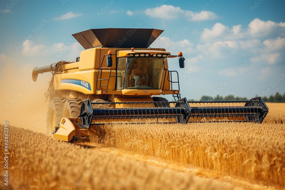 Obraz premium Combine harvester agriculture machine harvesting golden ripe wheat field.