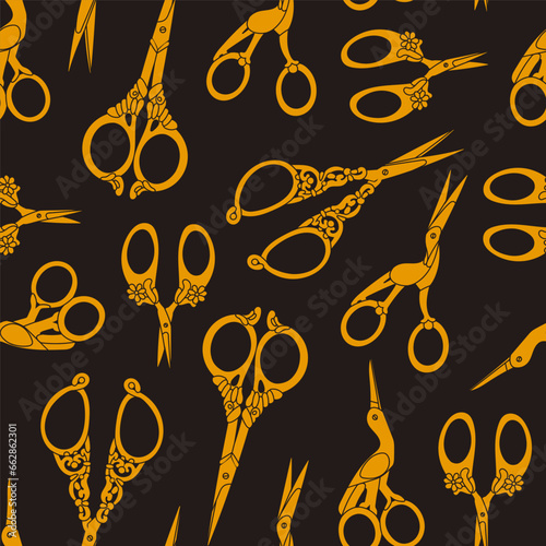 Set of various golden Scissors. Elegant, fancy, vintage, retro style. Hand drawn Vector illustration. Cutting hair, scissoring, shear concept. Square seamless Pattern, background, wallpaper
