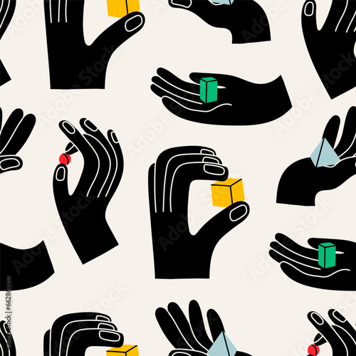 Abstract human Hands hold basic Geometric Figures. Cube, pyramid, sphere. Different shapes, positions. Hand drawn trendy Vector illustration. Cartoon style. Square seamless Pattern