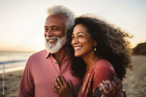 Closeup portrait of an senior affectionate mixed race couple standing on the beach and smiling during sunset outdoors, Hispanic couple showing love and affection on a romantic date at the beach