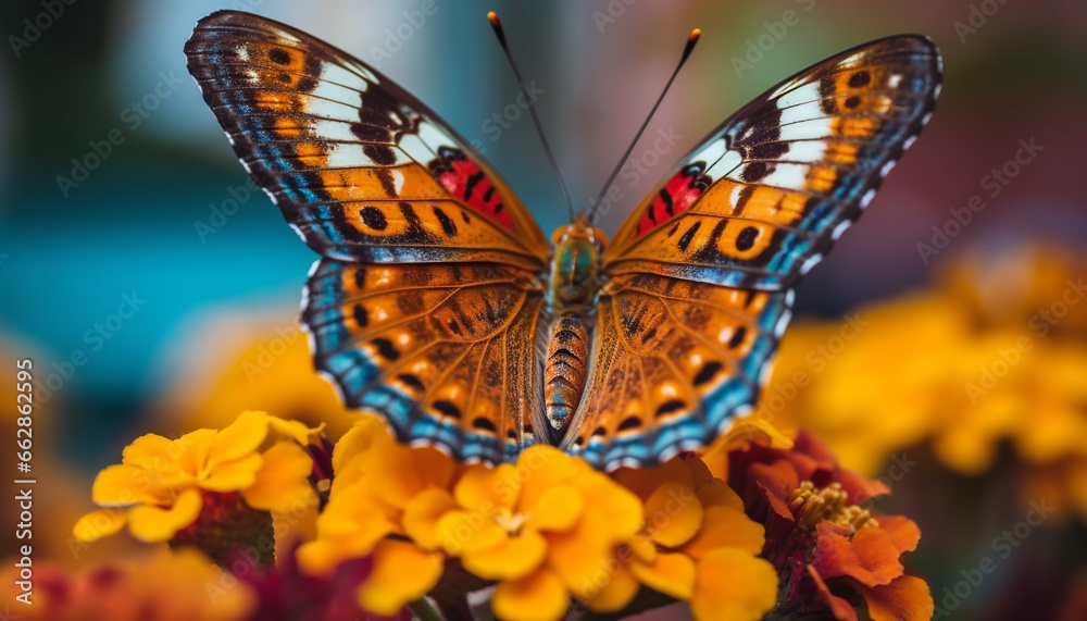 Fototapeta premium Vibrant butterfly wing in multi colored pattern on yellow flower outdoors