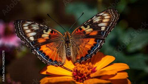 Vibrant butterfly wing in macro  pollinating a multi colored flower