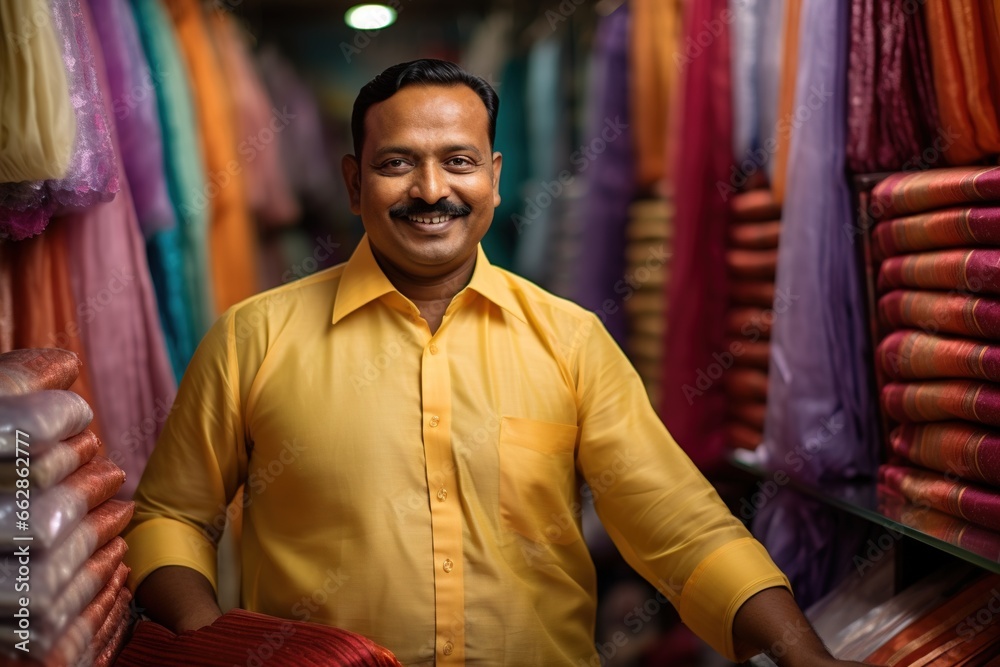 Indian shopkeeper showing clothes at his store.