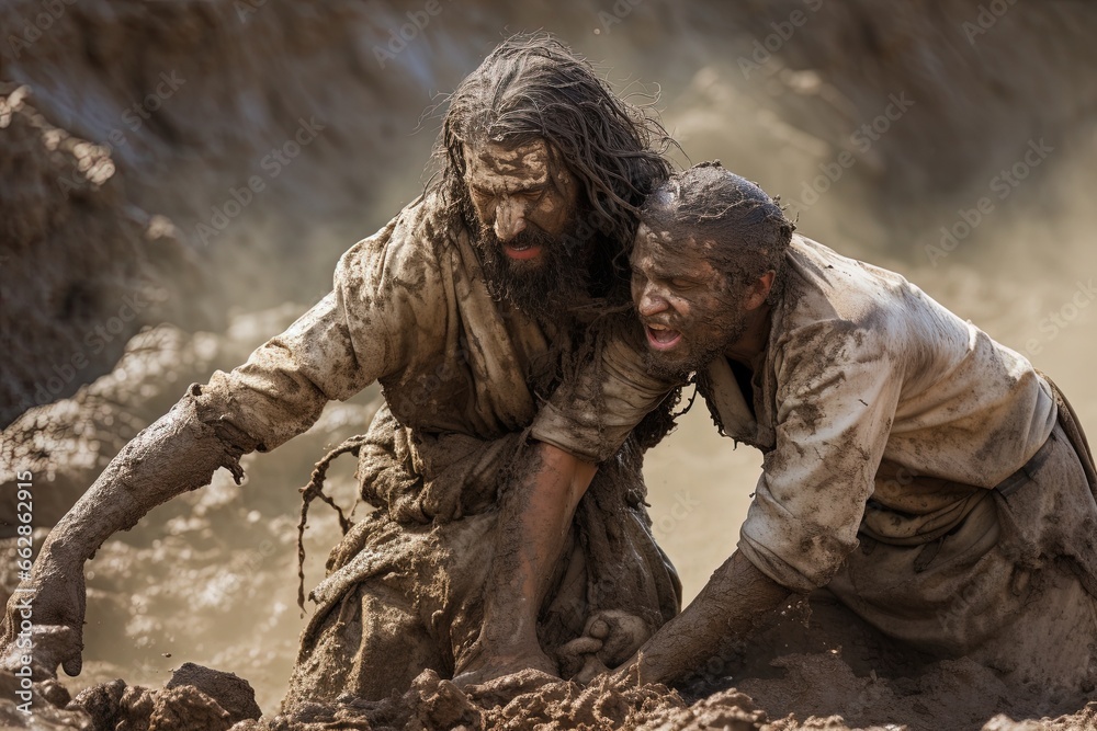 Jesus pulling out someone from the mud. Jesus pulling out someone from the mud.