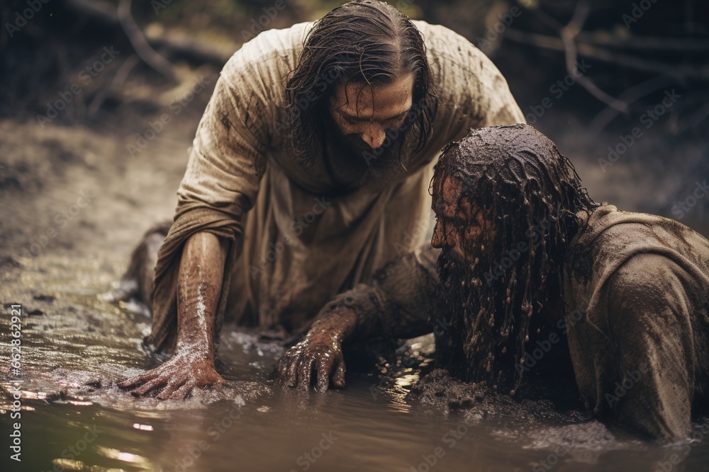 Jesus pulling out someone from the mud.