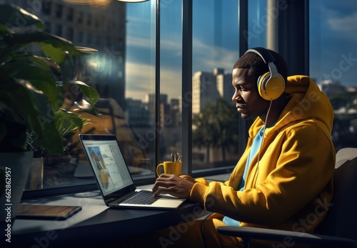 a young man with headphones working at a laptop in a cafe  a happy guy relaxes  enjoying his favorite songs