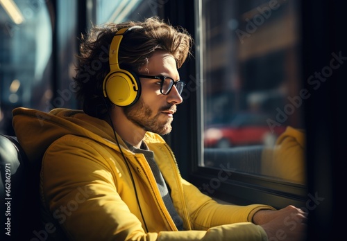 Close-up photo. Portrait of a young man with headphones listening to his favorite music © Евгений Кобзев