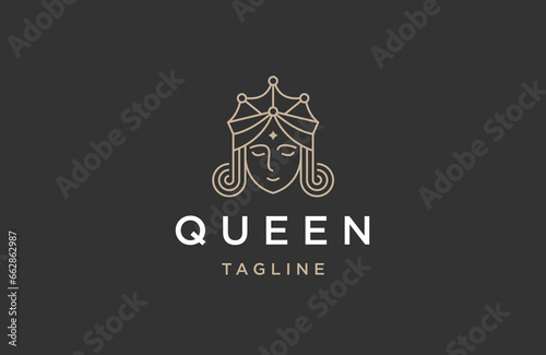 Beauty queen with crown line art logo design template