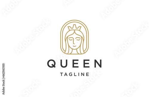 Beauty queen with crown line art logo design template