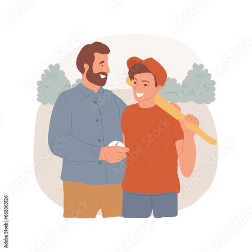 Sharing a hobby isolated cartoon vector illustration. Dad and son playing baseball, people sharing hobby, outdoor activity with parent, teenager lifestyle, having fun together vector cartoon.