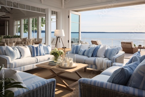 Plan the interior of a beachfront vacation home with a nautical theme