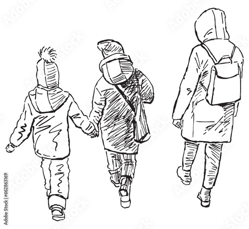Sketch of two casual children with one adult walking outdoors