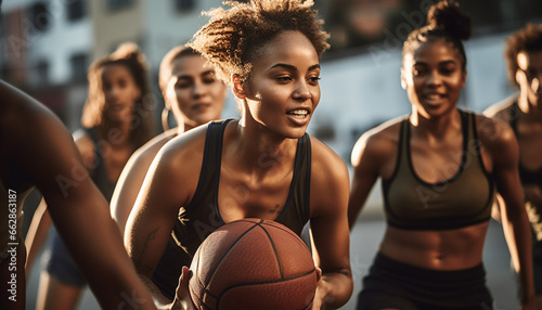 Young adults smiling, exercising, and competing in basketball together