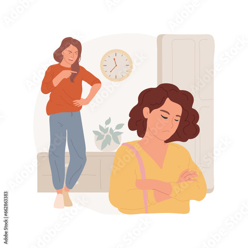 Returning home too late isolated cartoon vector illustration. Angry parents pointing on clock, teen returning home too late, quarreling over daughter, people misunderstanding vector cartoon.