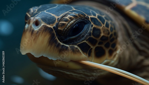 Slow turtle portrait, focus on shell, endangered species in nature