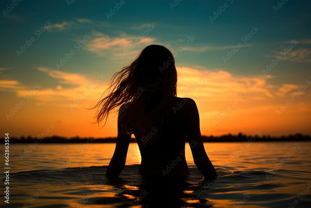 Fototapeta premium Silhouette of a girl in sea at sunset.