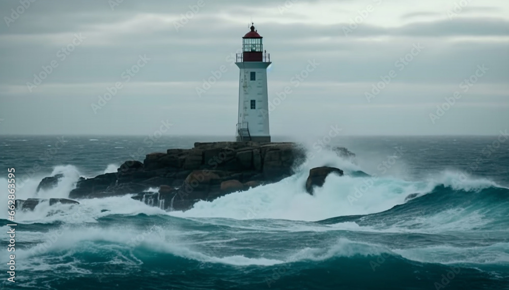 Famous beacon warns of danger on rocky coastline, breaking waves