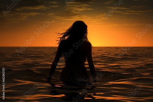 Silhouette of a girl in sea at sunset.