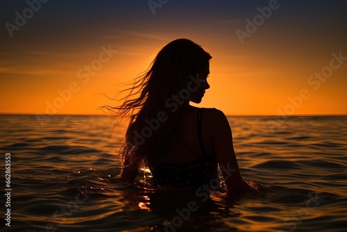 Silhouette of a girl in sea at sunset.