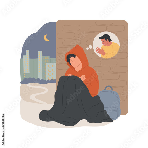 Runaway from home isolated cartoon vector illustration. Teen leaving parents, escaping from home, sitting alone, boy in offended pose, guys runaway, people conflict vector cartoon.