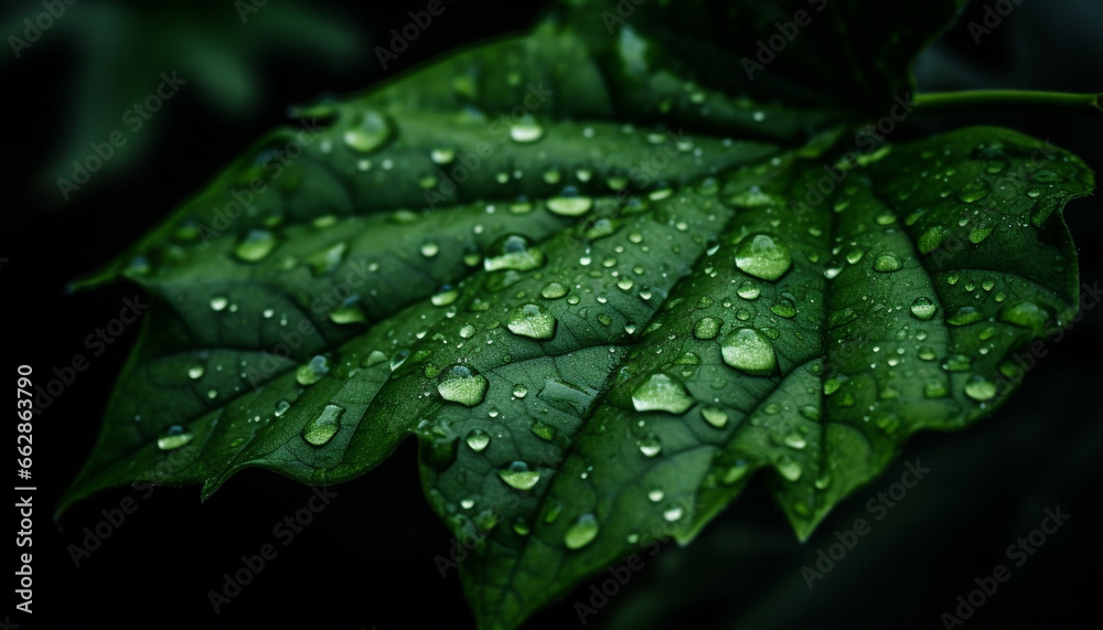 Vibrant green leaf with dew drop reflects beauty of nature Vibrant green leaf with dew drop reflects beauty of nature