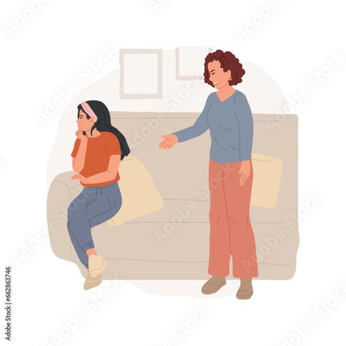 Serious talk isolated cartoon vector illustration. Parent talking with child sitting at sofa, girl in offended pose, mom talking to daughter, mother unsatisfying teens behaviour vector cartoon.
