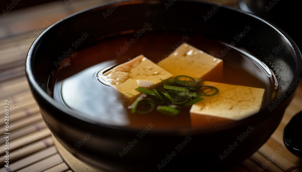 Freshness and heat combine in a gourmet vegetarian tofu soup generated by AI Freshness and heat combine in a gourmet vegetarian tofu soup generated by AI