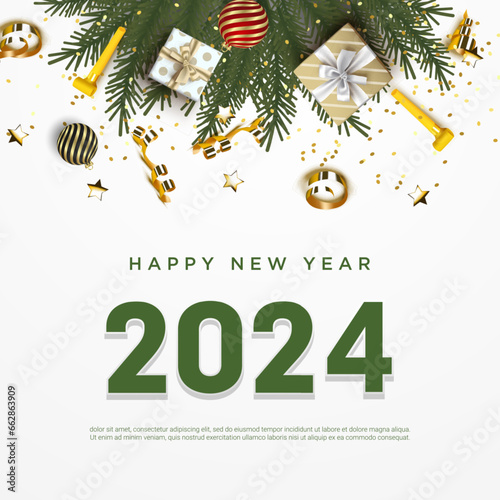Happy New Year 2024. festive realistic decoration with green number 2024. Celebrate party 2024 on square background