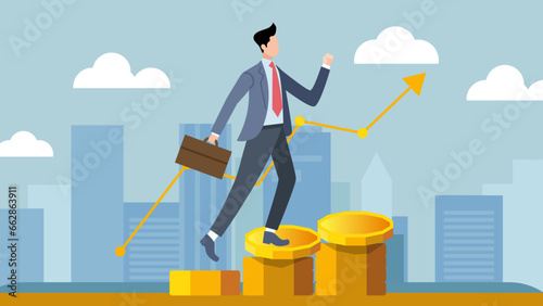 flat illustration of business person on graph with gold coin