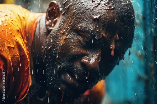 Construction worker drenched in sweat.