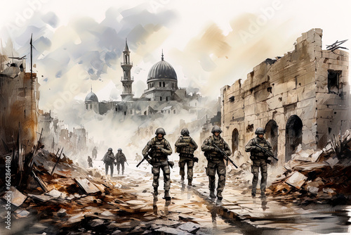Generative AI illustration of Israeli soldiers patrolling the Gaza Strip photo