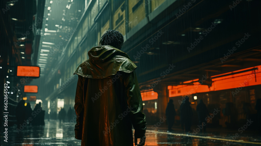 Obraz premium A young man in a raincoat walking in the city at night