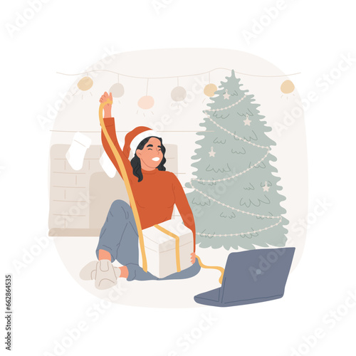 Opening gifts isolated cartoon vector illustration. Smiling teen girl opening gift box in front of laptop camera, online communication, digital lifestyle, live video chatting vector cartoon.