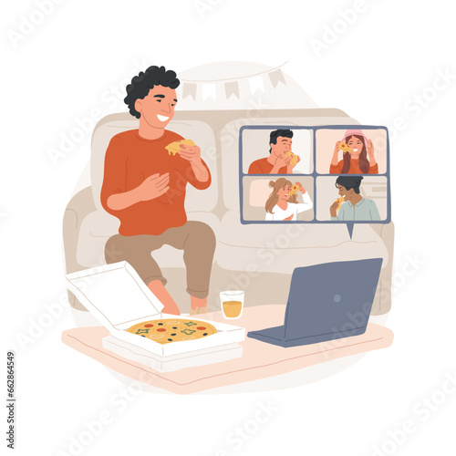 Pizza party isolated cartoon vector illustration. Group of happy teenagers having virtual pizza party, friends on screen divided in squares, covid reality, live chatting vector cartoon.