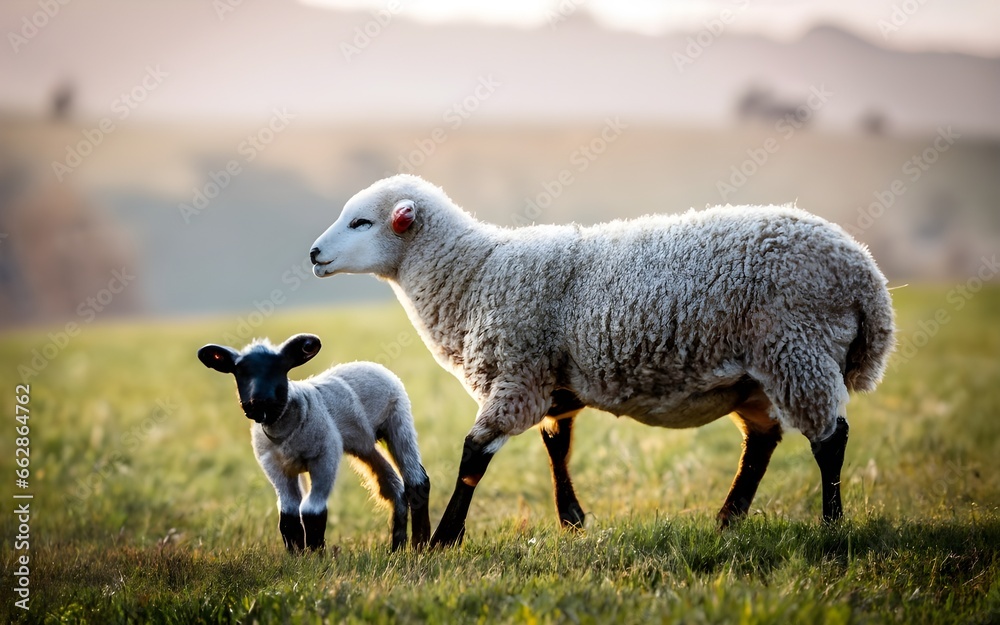 Obraz premium Sheep with lamb- Generative AI
