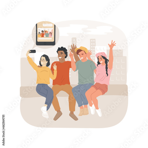 Sending pictures to friends isolated cartoon vector illustration. Group of teenagers sitting together and taking selfie, sharing photos with friends, digital lifestyle vector cartoon.