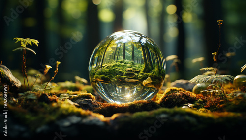 Sunlit forest reflects in glass sphere  nature enchanting decoration generated by AI