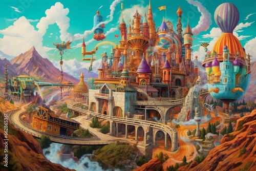 Colorful amusement park featuring trains, tunnels, planes, ferris wheel, landscape, castle, towers, and mountains. Generative AI © Shiloh