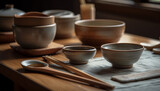 Pottery bowl, wood utensil, clay ceramics, old fashioned kitchenware collection generated by AI