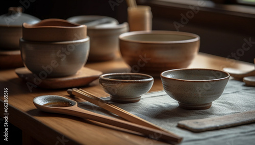 Pottery bowl  wood utensil  clay ceramics  old fashioned kitchenware collection generated by AI