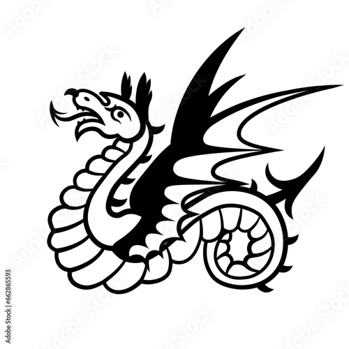 Heraldic dragon snake with wings. Symbol, sign, line, icon, silhouette, tattoo. Black. Isolated vector illustration.