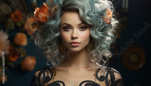 Beautiful fashion model with blond curly hair looking at camera generated by AI