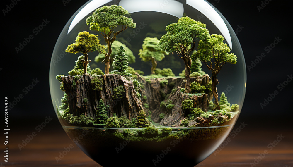 Nature growth in a transparent sphere, a green world map generated by AI Nature growth in a transparent sphere, a green world map generated by AI