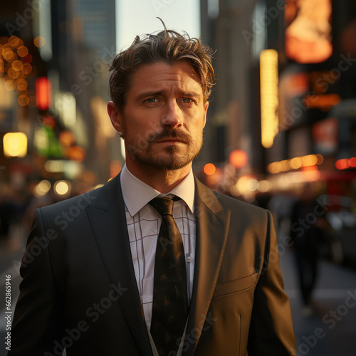 Photo of Businesman in suit standing on the street with big city as background. Generative Ai.