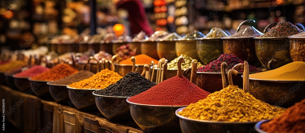Egyptian Bazaar in Istanbul offers a wide selection of ready to sell spice varieties including different peppers With copyspace for text - obrazy, fototapety, plakaty 