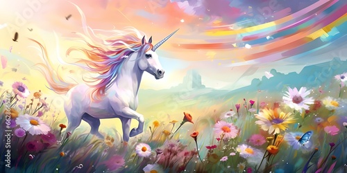 Unicorn's Dream: A World of Butterflies and Flowers Mystical Unicorn in a Meadow of Blossoms and Butterflies background ai generated