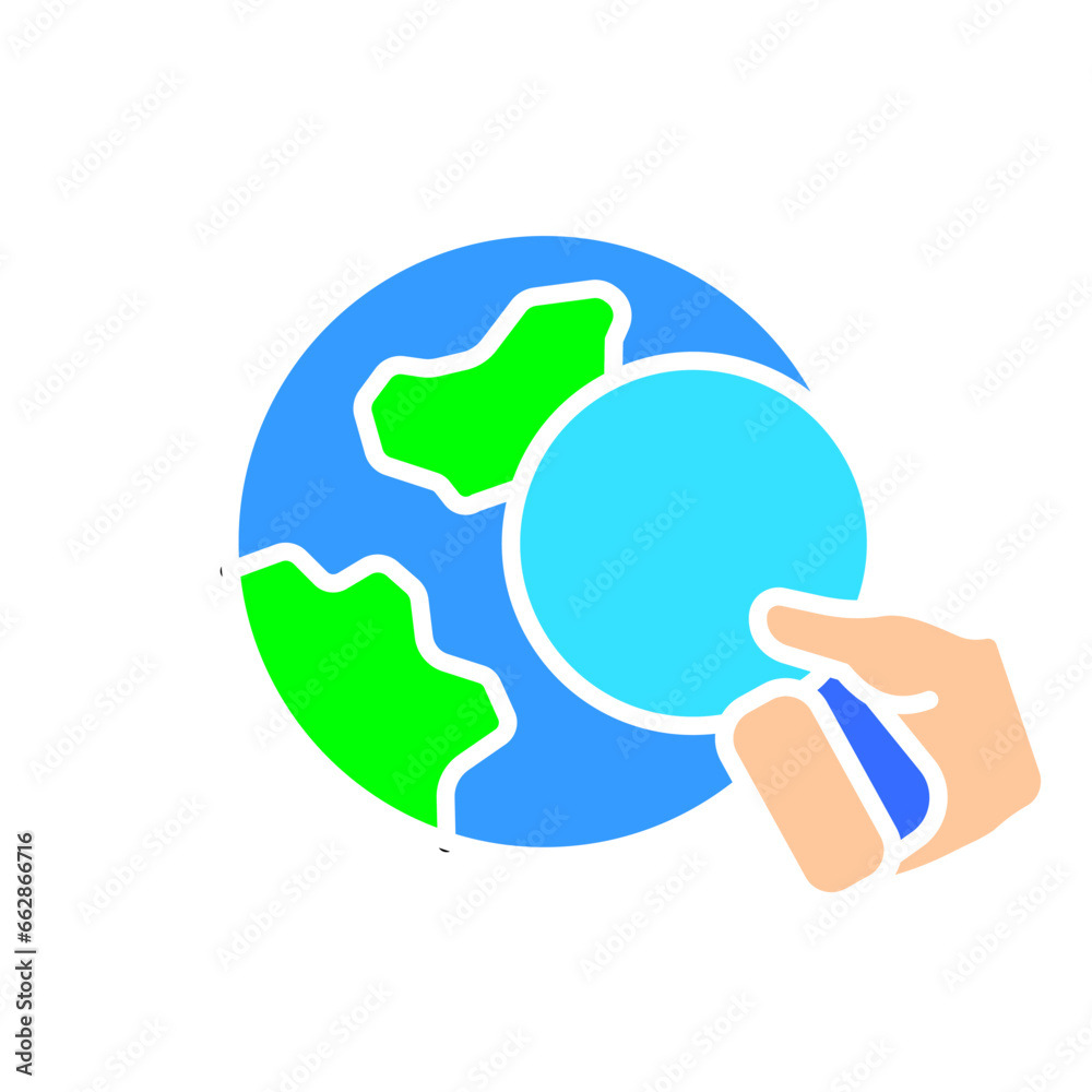 Planet with magnifying glass line icon. Weather forecast, prime time, TV channel, radio, television, reporter, channel. Vector color icon on white background for business and advertising.